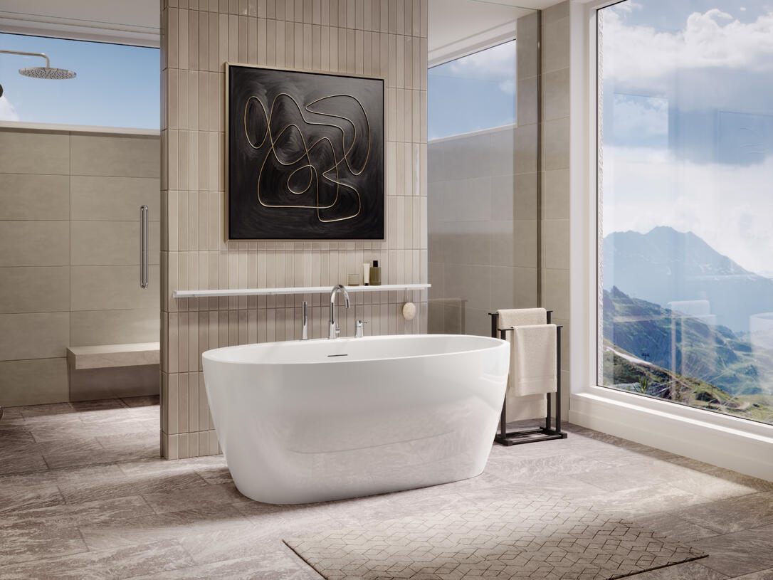 Maax Hatto 5932 Acrylic Freestanding Bathtub in Glossy White with Center Drain