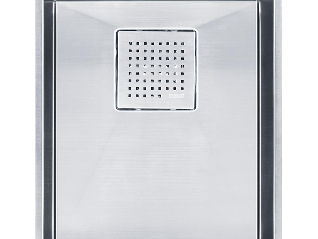 Franke Peak small single-bowl undermount stainless steel kitchen sink with modern square design